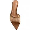 Fashion Rhinestone Mesh Cloth Slip On Women Slippers Pointed Toe Shallow Thin Heels Nude Suede Comfortable Indoor Sandals Crystal Bling