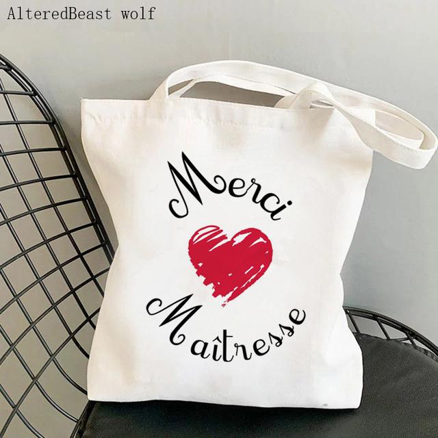 French Thank You Mistress Women Canvas Kawaii Shopping Shoulder Bag Merci Atsem Harajuku Bag Gift for Teacher Shoulder Bags
