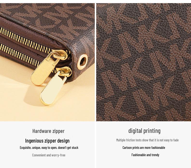 Portfel damski w stylu koreańskim, wzór 2025, kopertówka z podwójnym zamkiem błyskawicznym z nadrukiem, dwuwarstwowa, duża pojemność, torba na telefon