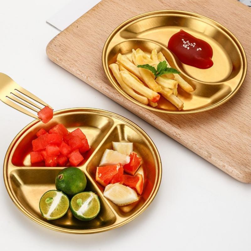 Stainless Steel Circular Divided Plate Sauce Dish Food Sauce Dish For Roast Meat Dipping Household Seasoning Snack Plate Kitchen