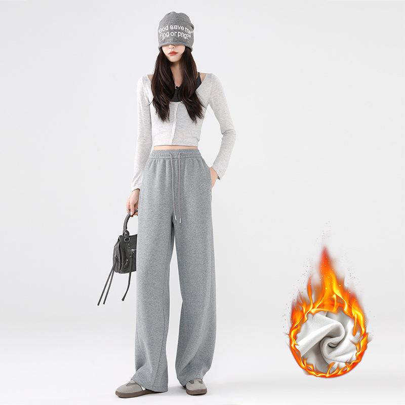 Pantalones de chándal grises de pierna ancha de cintura alta adelgazantes estilo americano para mujer - Primavera Engrosados con Felpa Ajuste Petite