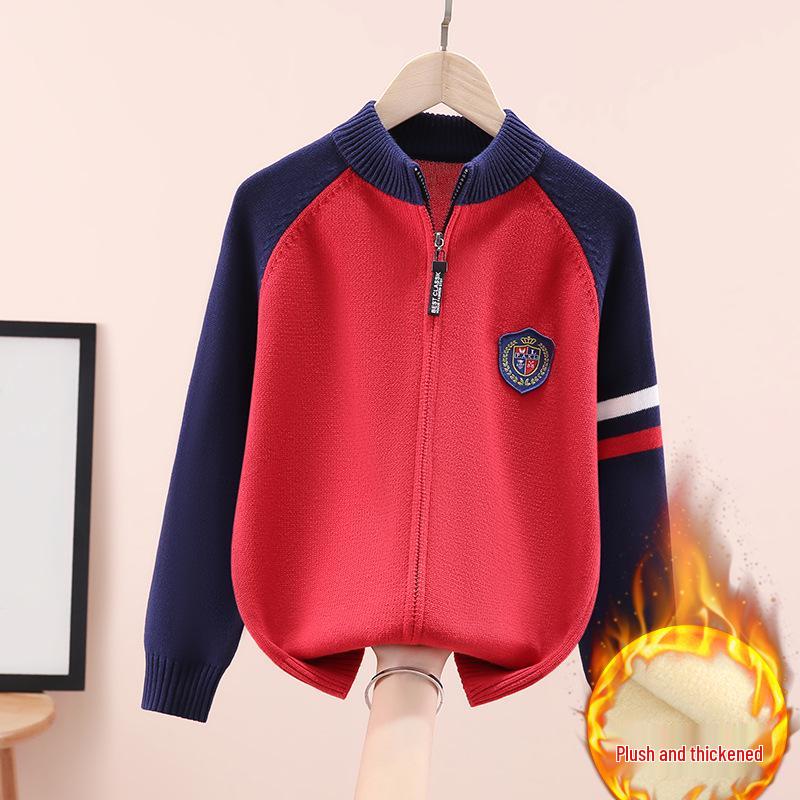 Jungen Baumwoll-Strickjacke mit Fleecefutter und Reißverschluss: Dickstrick für große Kinder, Herbst-/Winter-Oberbekleidung