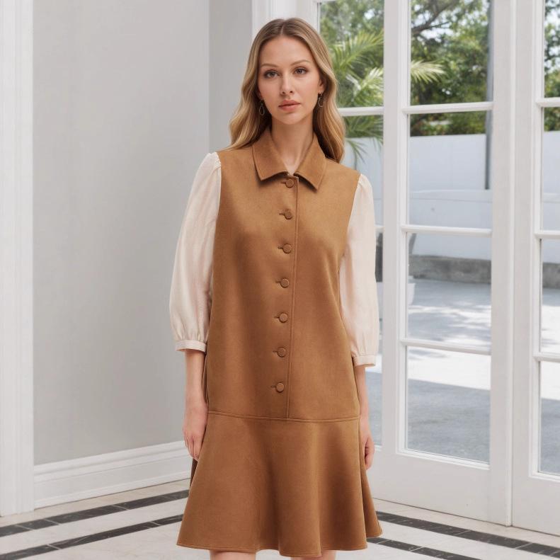 European and American fashion and elegant girls autumn suede yarn thin short seven-point bubble sleeves waist thin dress european and american code s
