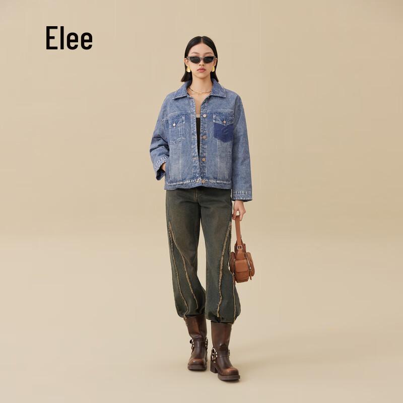Damen Denim Revers Leichte Daunenjacke