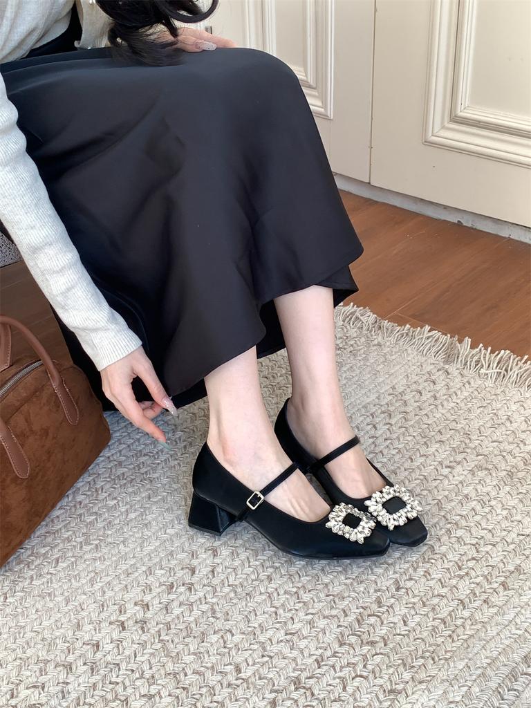 Grape mother spring new high heels women wear high-end rhinestone square buckle Mary Jane single shoes women's soft-soled women's shoes