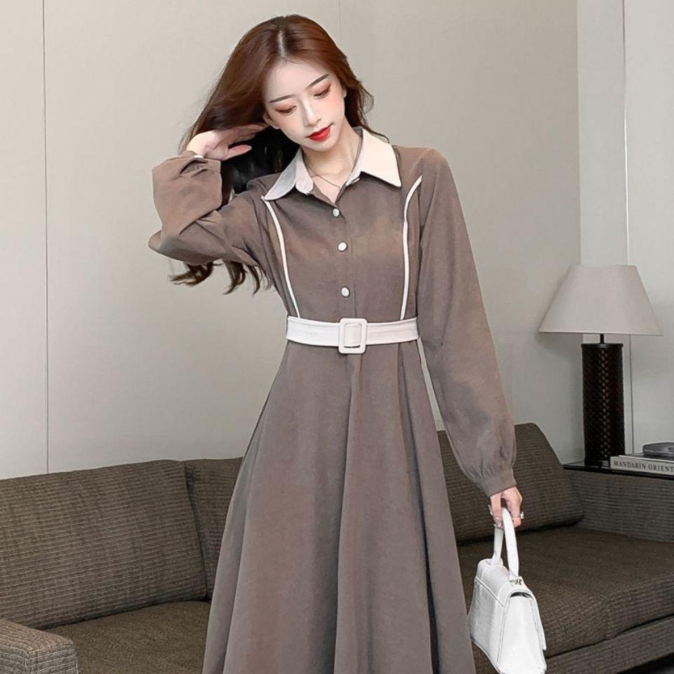 

French Retro Slim-Fit Spring Shirt Dress with Waist-Cinching Design and Stylish Coat. S for 80-95 lbs хаки