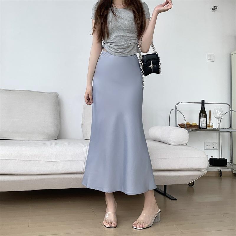 Women's Plain Satin Skirt High-Waist Solid Color Mid-Length Korean Style