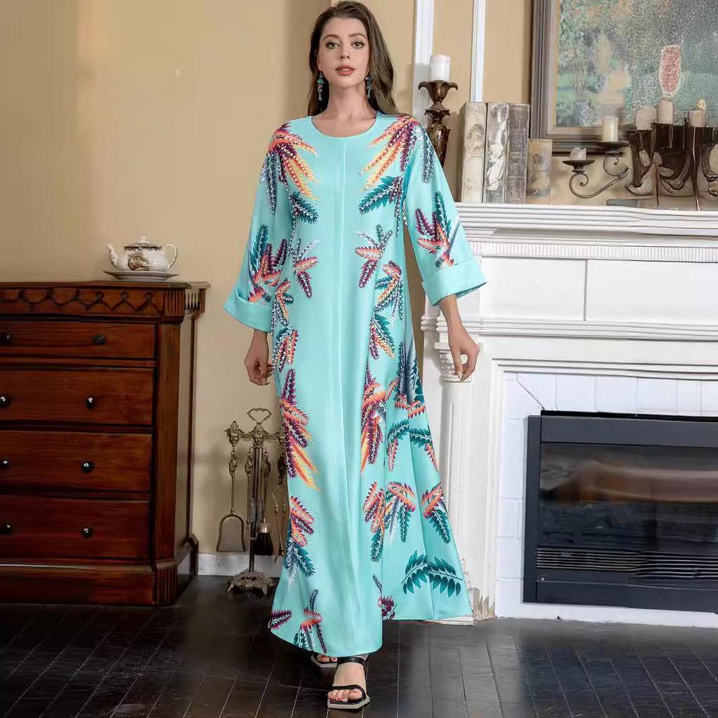 Ethnic Style Saudi Muslim Women's Robe - Cross-Border Print with Beads and Hot Drills