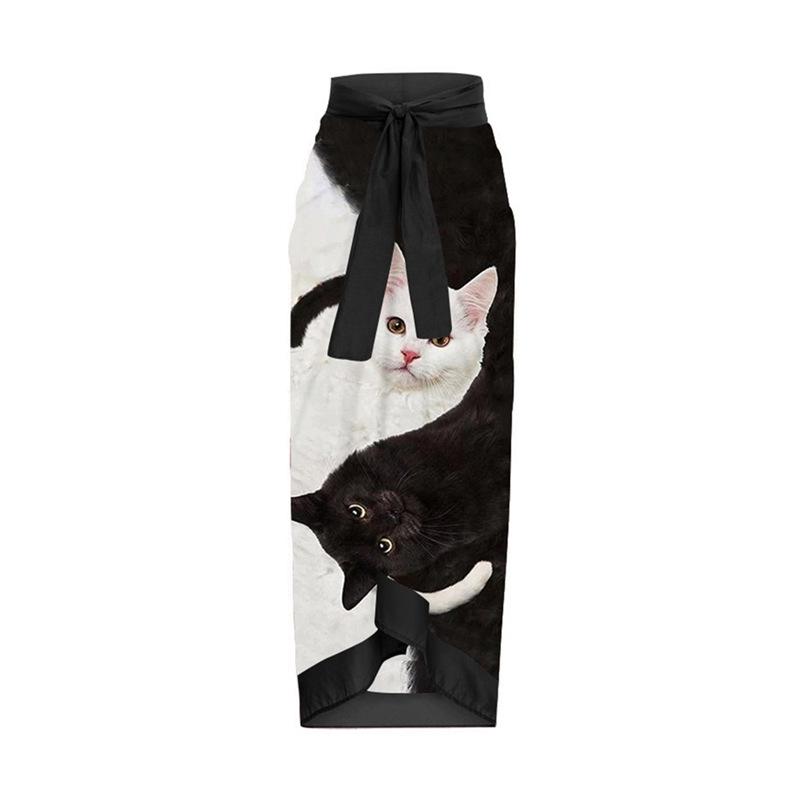 

Holiday Style Cat Print Midi Skirt with Tie-up Design One Size чорний