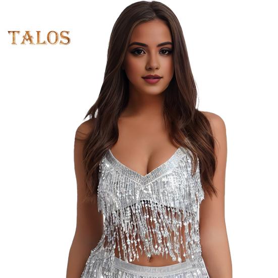 

Женский сексуальный сверкающий топ с блестками и бахромой на бретельках без рукавов, бюстгальтер для танца живота в ночном клубе, блестящий бронзовый жилет серебряный