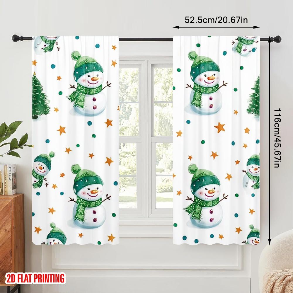 2pcs,2D Plane Printing Curtains Comfortable Snowman 100% Polyester (without Rod) Festive Use for Living Room and Bedroom, Home