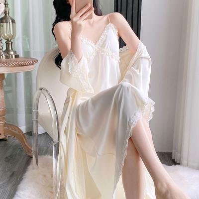 Yase Semi-Ripe Flower Season Women's Sexy Summer Ice Silk Camisole Nightgown with Chest Pads and Lace Robe