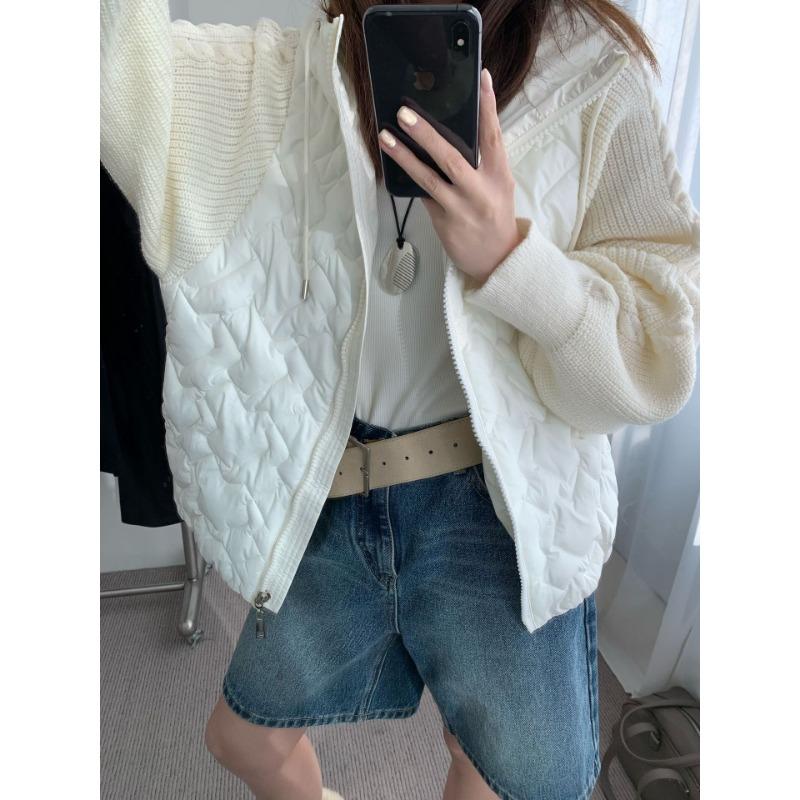Spring New Splicing Cotton Clothes Hooded Knitted Cardigan Loose High-end Zipper Sweater Jacket Women