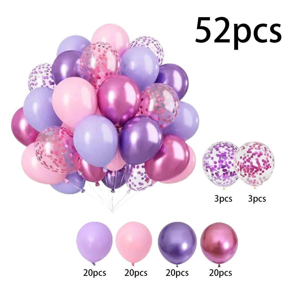 52PCS Metallic Pink Purple Balloons Set Hot Pink Latex Balloons Gold Confetti Pearl Balloons for Wedding Birthday Party Decor