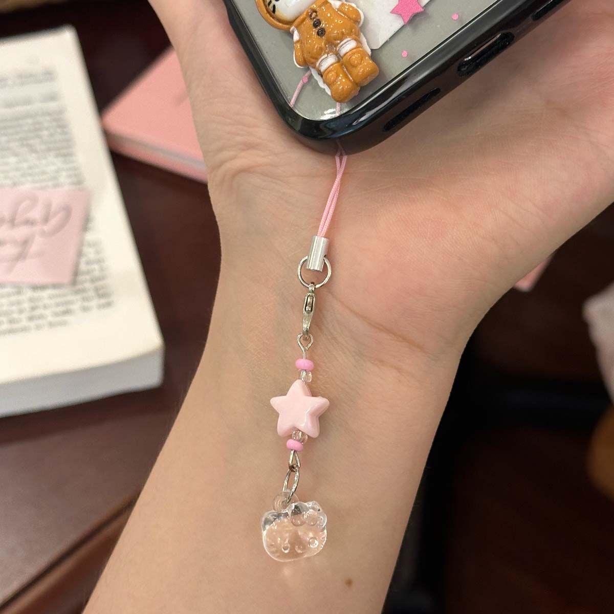 

Прозрачный бисерный кулон-шарм для телефона и сумки в виде котенка розовый