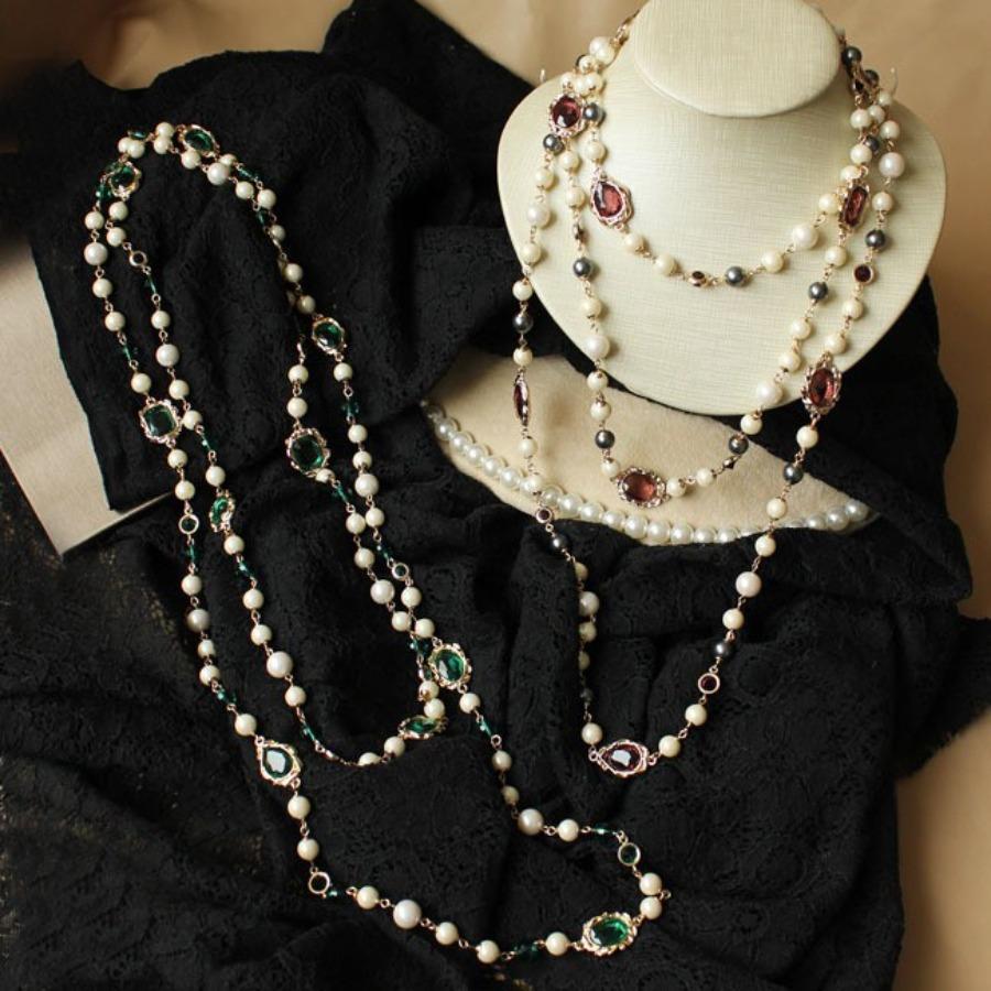JMXD-Necklace Vintage Pearl Red Handmade Glass Ladies Long Necklace Sweater Chain Small Fragrant Style Jewelry