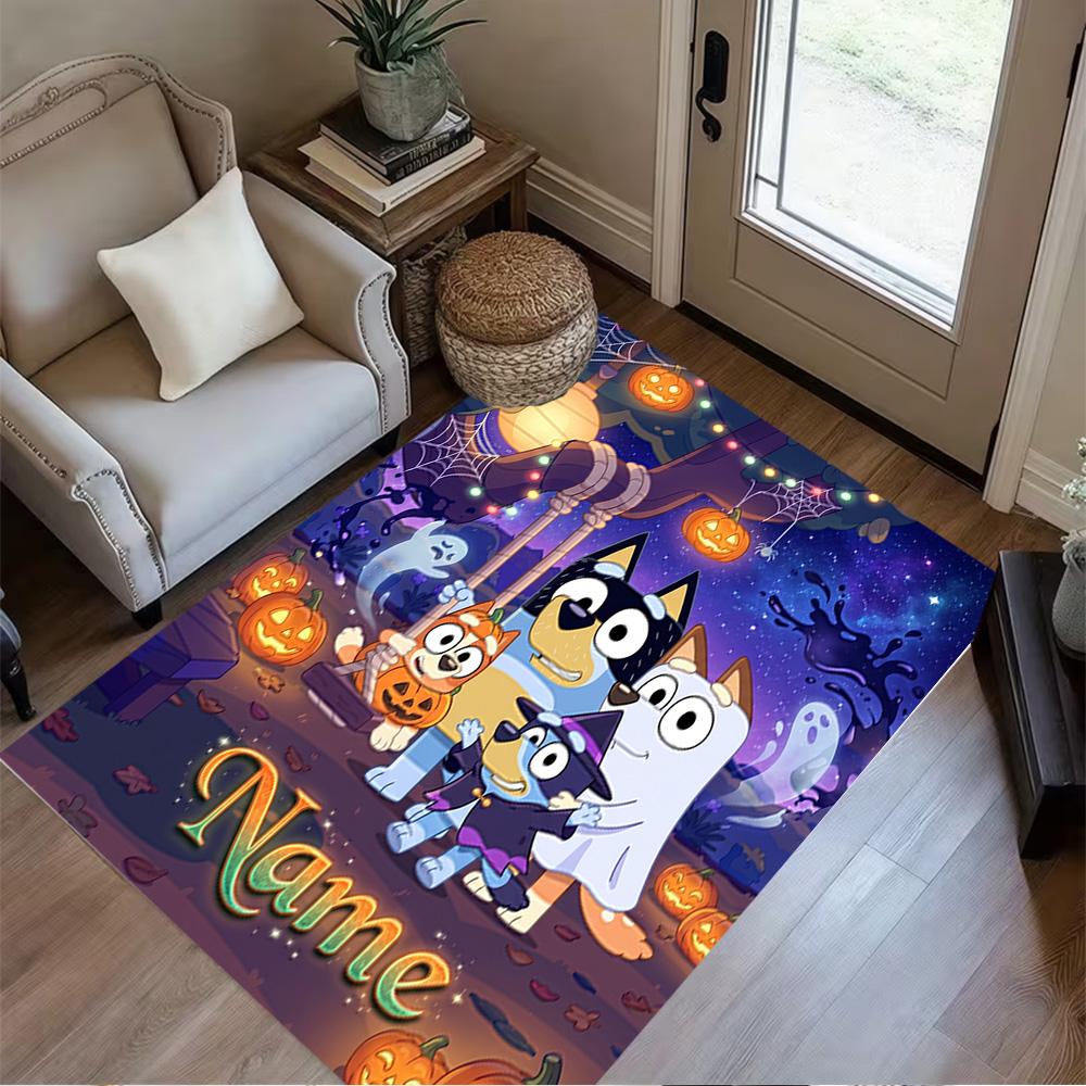 Bluey Halloween Party Customize Your Name Area Rug Design for Kitchen Foyer Outdoor Living Rooms Antislip Carpet Anime Office Decor Best for Christmas