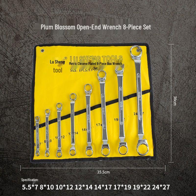 14-Piece Plum Blossom Open-End Double Wrench Set with Hanging Bag
