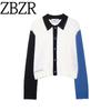 Za Autumn New Women Clothes 2025 Western Style Straight Contrast Color Flip Collar Long Sleeve Knitted Outerwear 3920795