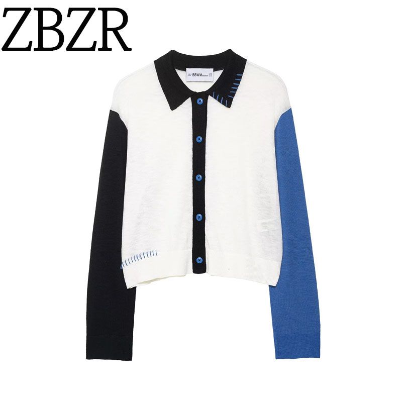 Za Autumn New Women Clothes 2025 Western Style Straight Contrast Color Flip Collar Long Sleeve Knitted Outerwear 3920795