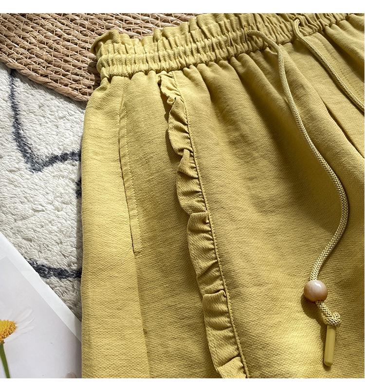 Women's Yellow Ruffled Wide-Leg Summer Shorts with Elastic Drawstring Waist