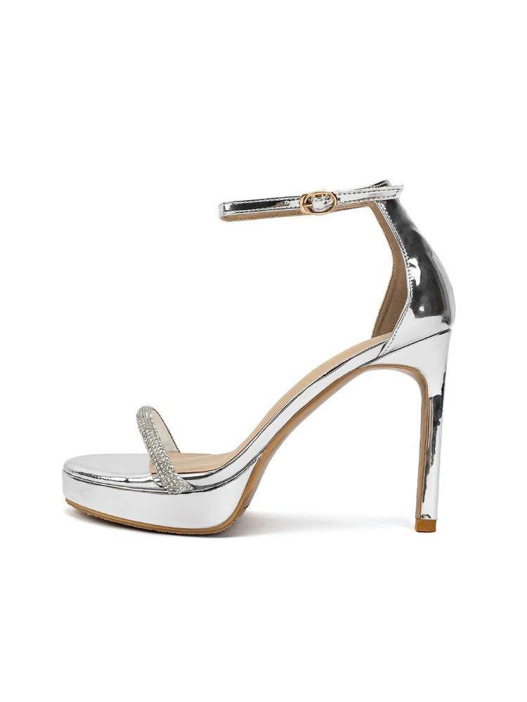 2025 summer new silver high-heeled sandals women's niche waterproof table rhinestone thin heel buckle sandals women