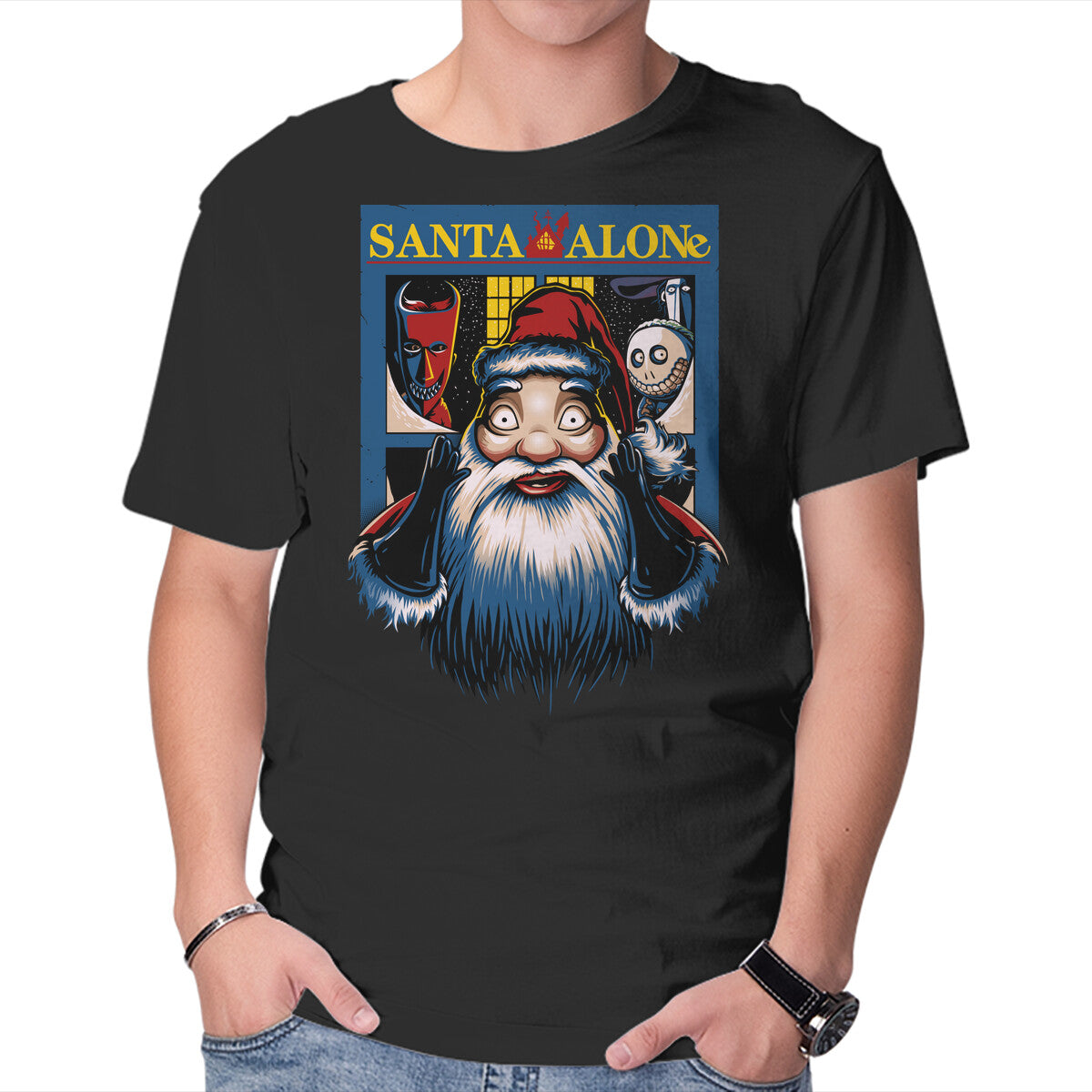 Unisex Crew Neck T-Shirt Santa Alone Graphic Short Sleeve Casual Tee S