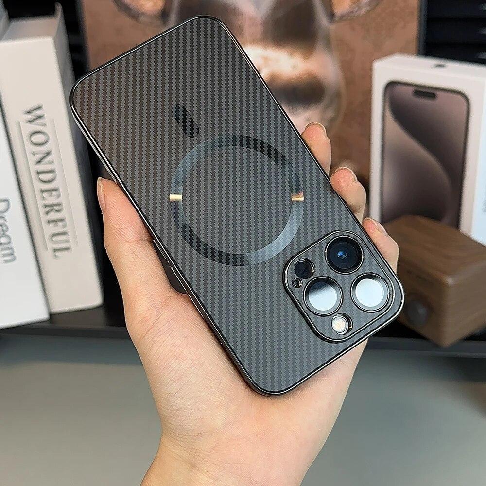 

Розкішний чохол із текстурним покриттям із вуглецевого волокна для iPhone 15 14 13 12 Pro Max для бездротової зарядки Magsafe Магнітна протиударна кришка For iPhone 15 Pro чорний