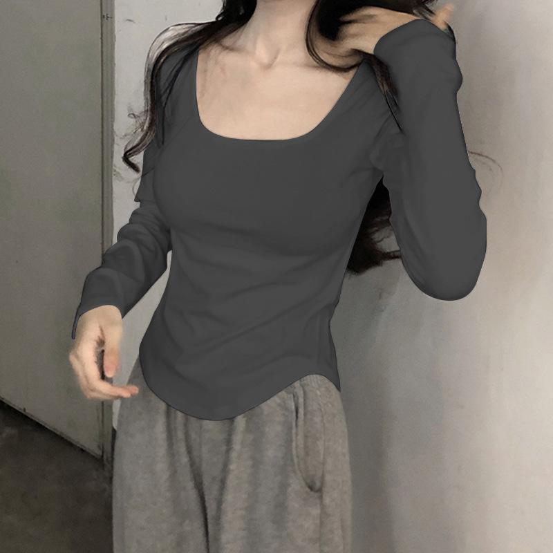 GMXIA Long Sleeve T-shirt Women Spring and Autumn Small White Retro Base Shirt Fitted with A Foreign Square Collar on The Clothes