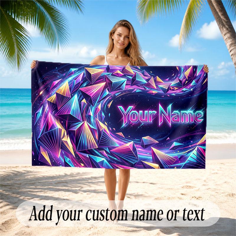 Abstract Geometric Theme Soft Beach Towel Personalized Custom Name Text Towel Portable for Beach Pool Travel