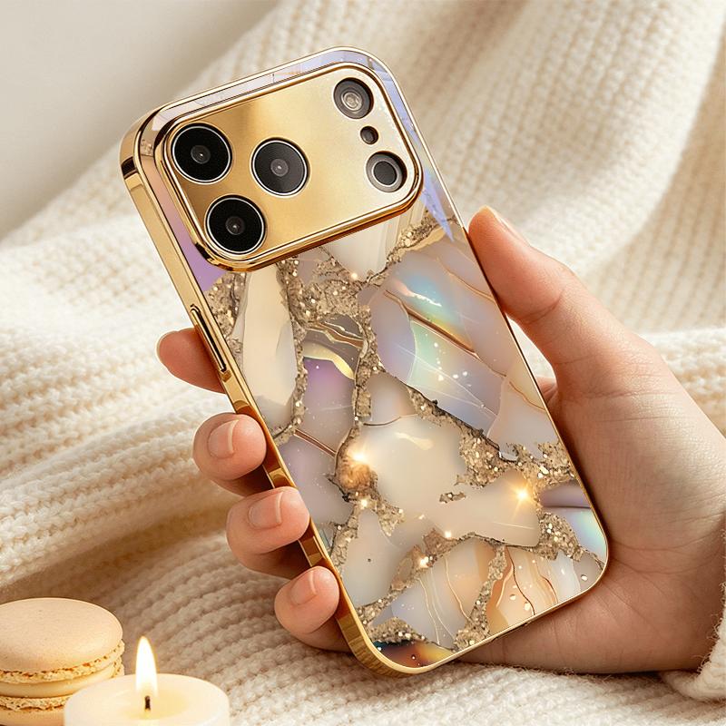 Pastel Broken Gemstone Electroplated Golden Phone Case For iPhone 17 16 15 14 13 12 11 Pro Max Plus 16E 17Air 7 8 X Glass Cover