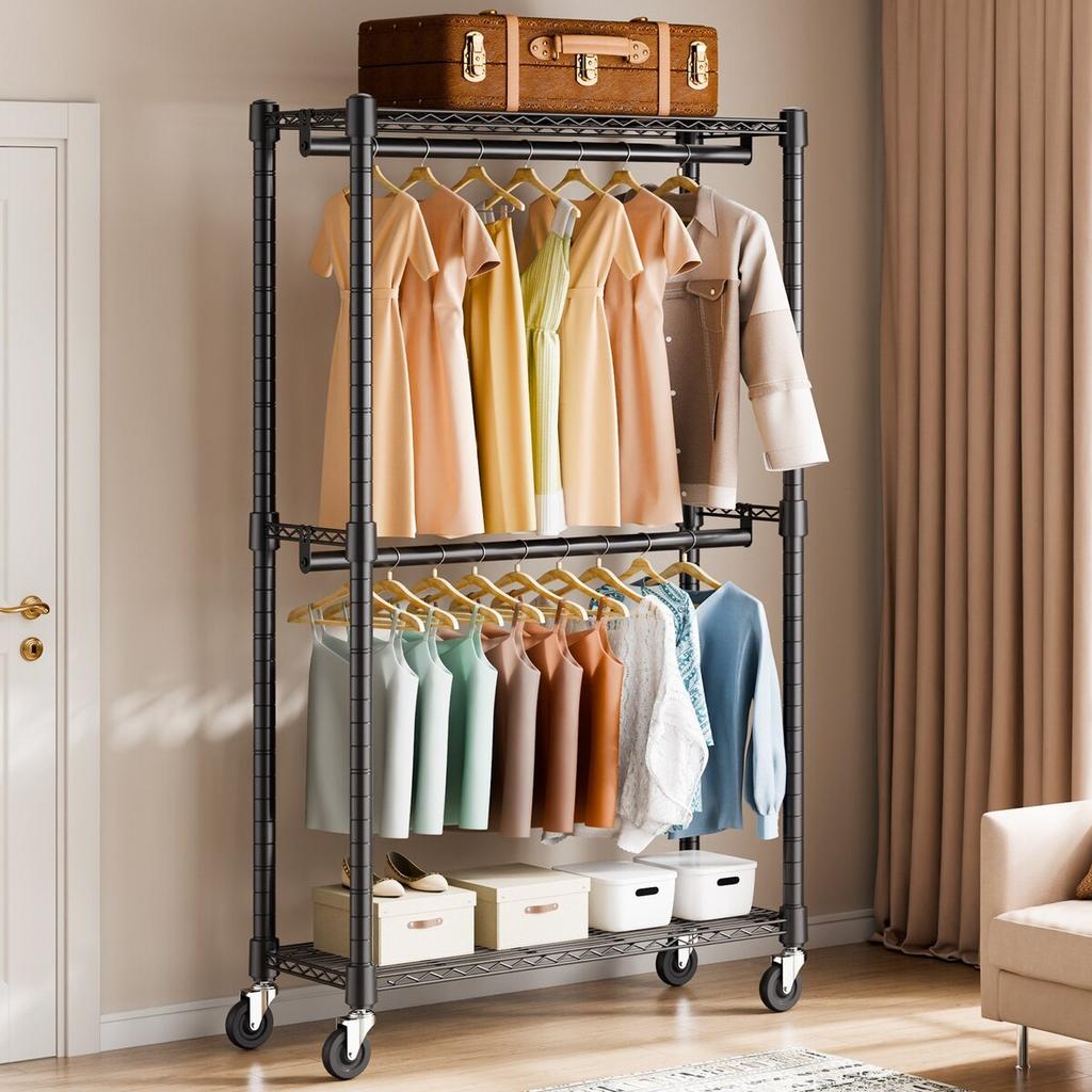 Heavy Duty Clothes Rack, Double Hanging Rods Clothing Garment Rack with Bottom and Top Storage Tier, Rolling Clothing Rack for Hanging Clothes, 1''