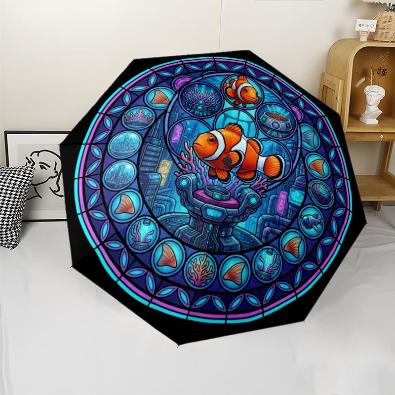 Cyber Clownfish Mandala Pattern Umbrella, Portable and Foldable Design, 8 Ribs, a Casual Accessory for Halloween, Christmas, and Birthday Gifts.