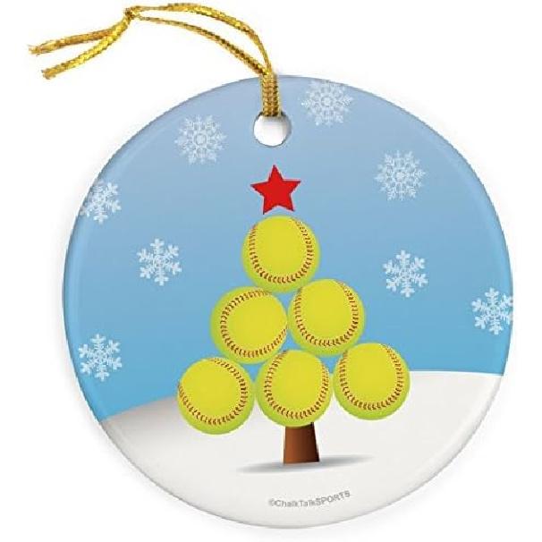 ChalkTalkSPORTS Softball Round Ceramic Ornament | Jingle All The Way Softball Christmas Tree