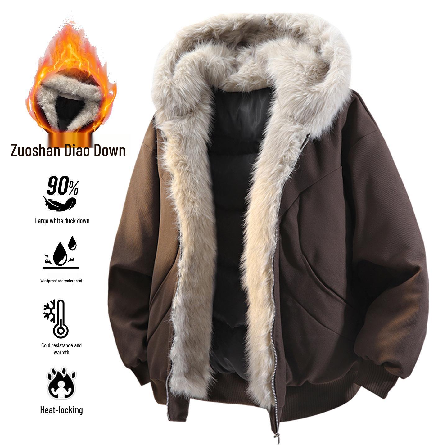 

Men s Retro Hooded Snow Leopard Down Jacket with Real Fur Collar L чорний
