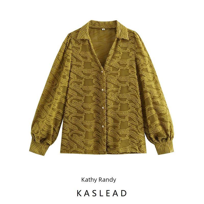 Kaslead New Arrival Women's Clothing Fashion Style Fashion Minimalist Texture V-neck Lantern Sleeve Shirt