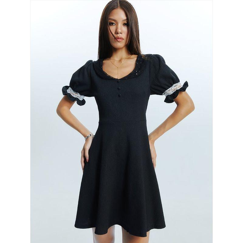 

Foreign Trade Original Order Pom * Elo Puff sleeve Mini Dress A- line Skirt Court High Waist Waist Hugging Slimming Shoulder Pad Image color S