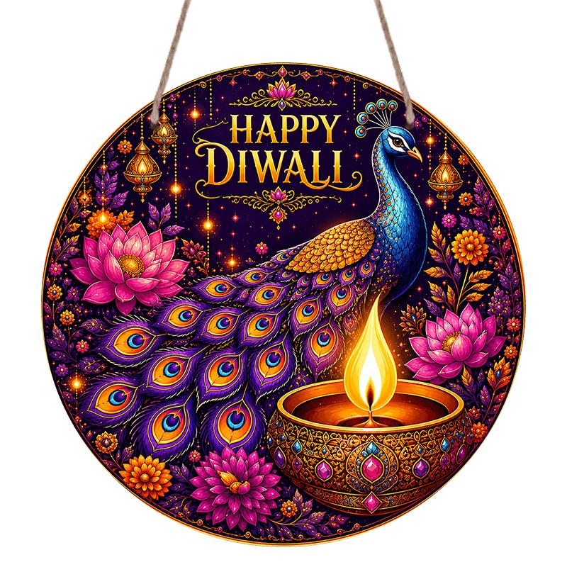 2D Flat, 1pc Round Aluminum Wall Hanging Ornament, Happy Diwali Colorful Peacock Gemstone Diya Lotus Marigold Printed Plaque, Wealth Fortune Blessing