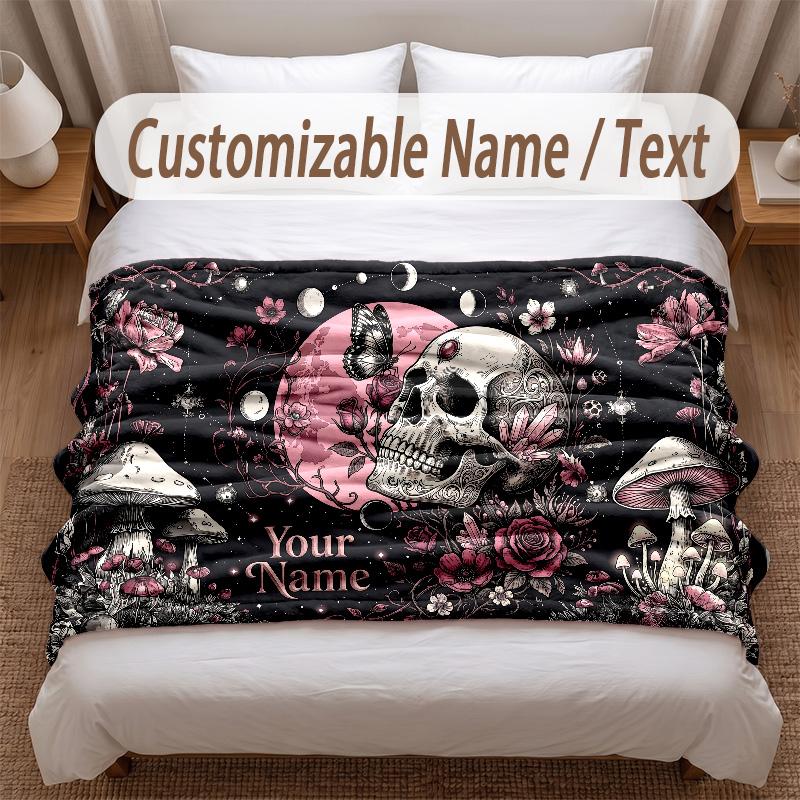 Skull Gothic Theme Soft Blanket Personalized Custom Name Text Print Warm Blanket Home Sofa Bedroom Decor