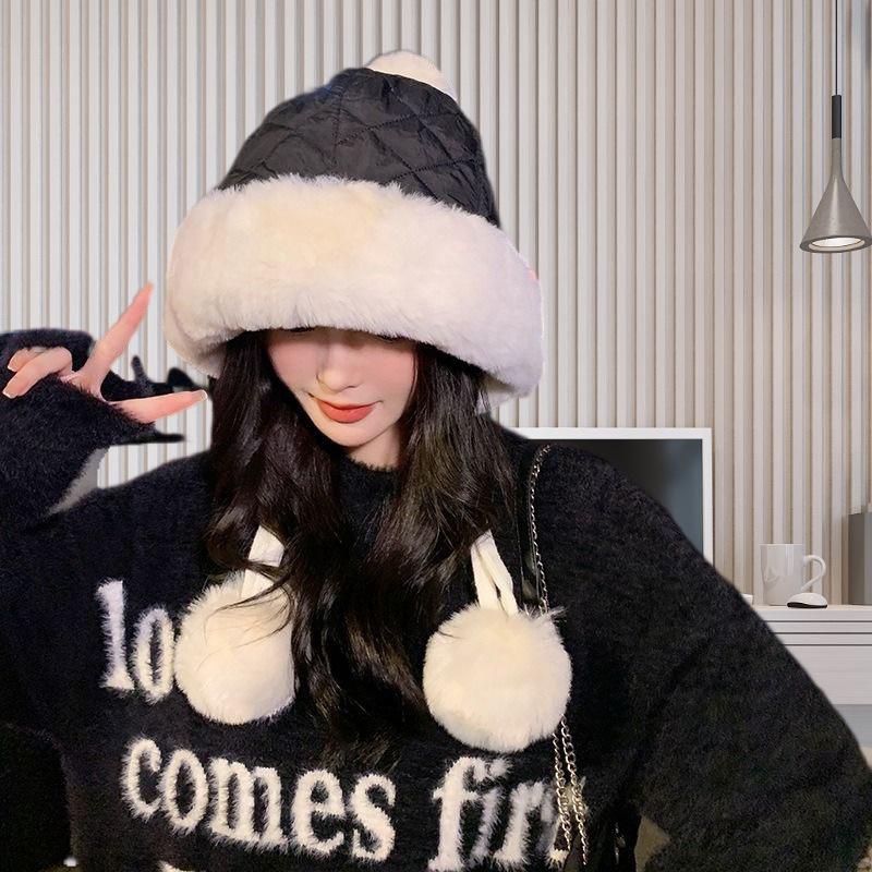 Winter Women's Cute Korean Style Fleece-Lined Thickened Warm Plush Earflap Cold-Resistant Down Cycling Hat