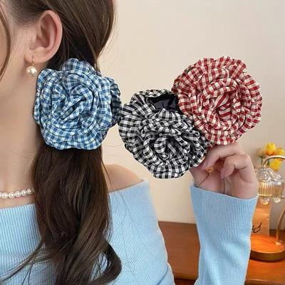 Blumen-Haarspange aus Karostoff für Damen Elegante Pferdeschwanz-Klammer Mode Mädchen Haaraccessoires