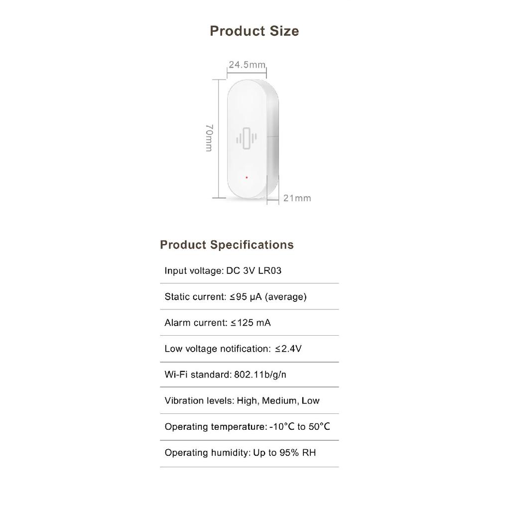 Tuya Smart Home WiFi Vibration Sensor Detection Smart Life APP Notification Real-Time Motion Shock Alarm History Record Security