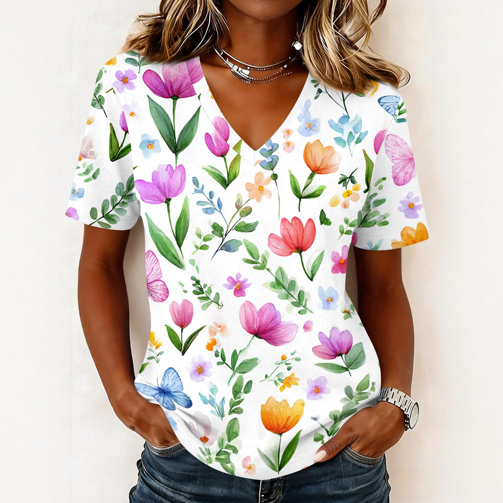 

Women s fashionable casual short-sleeved floral print V-neck pullover top XL жовтий