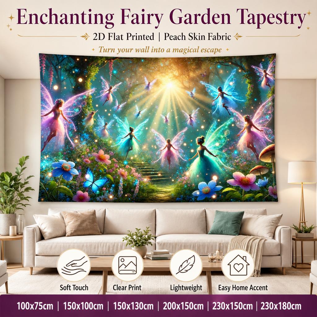 Enchanting Fairy Garden Tapestry Peach Skin 2D Flat Printed Magical Forest Wall Hanging for Kids Girls Bedroom Home Room Decor