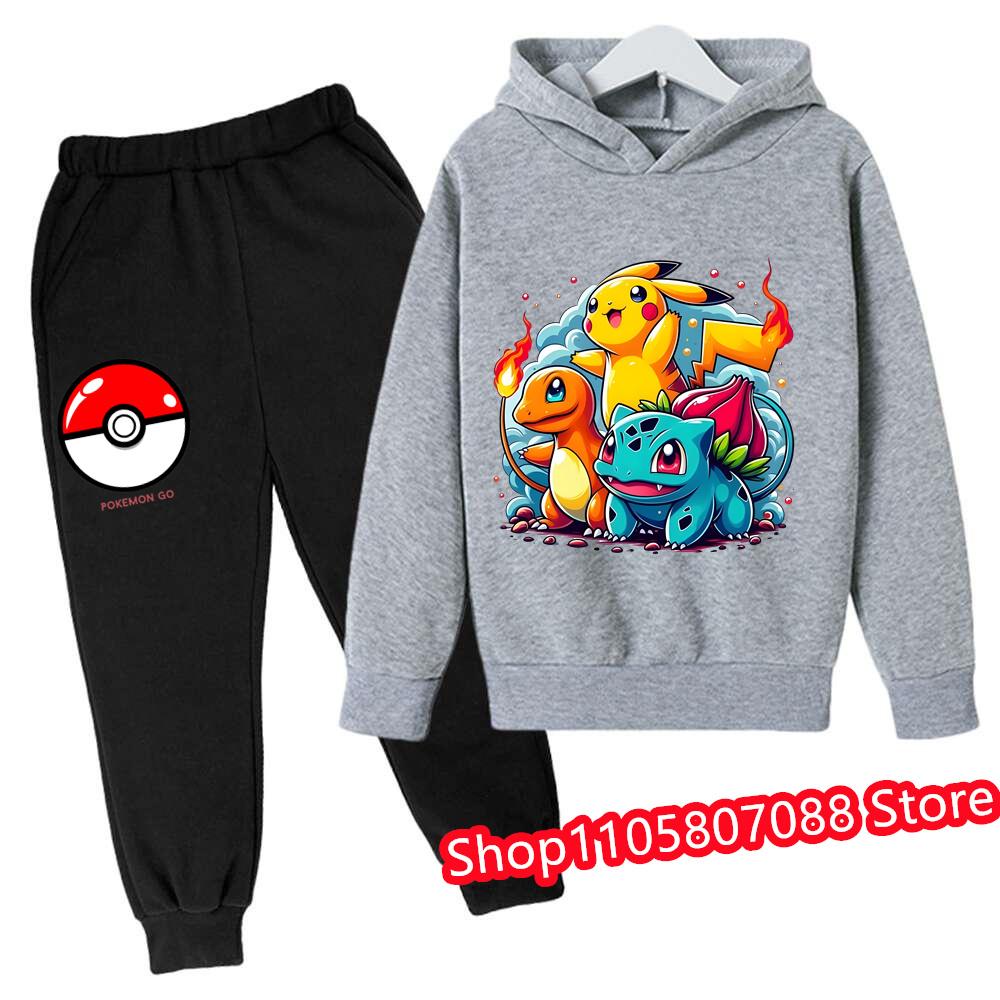 2026 Jaro Podzim 3-14 let Děti Pikachu Kreslená Mikina Set Oblečení pro Kluky Outfit pro Holky