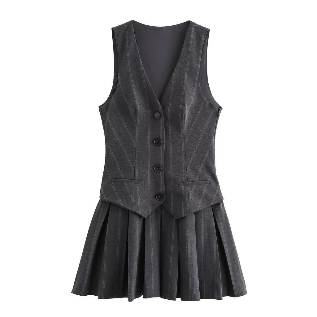 2024 Autumn Women's European & American Style Pleated Striped Vest Dress