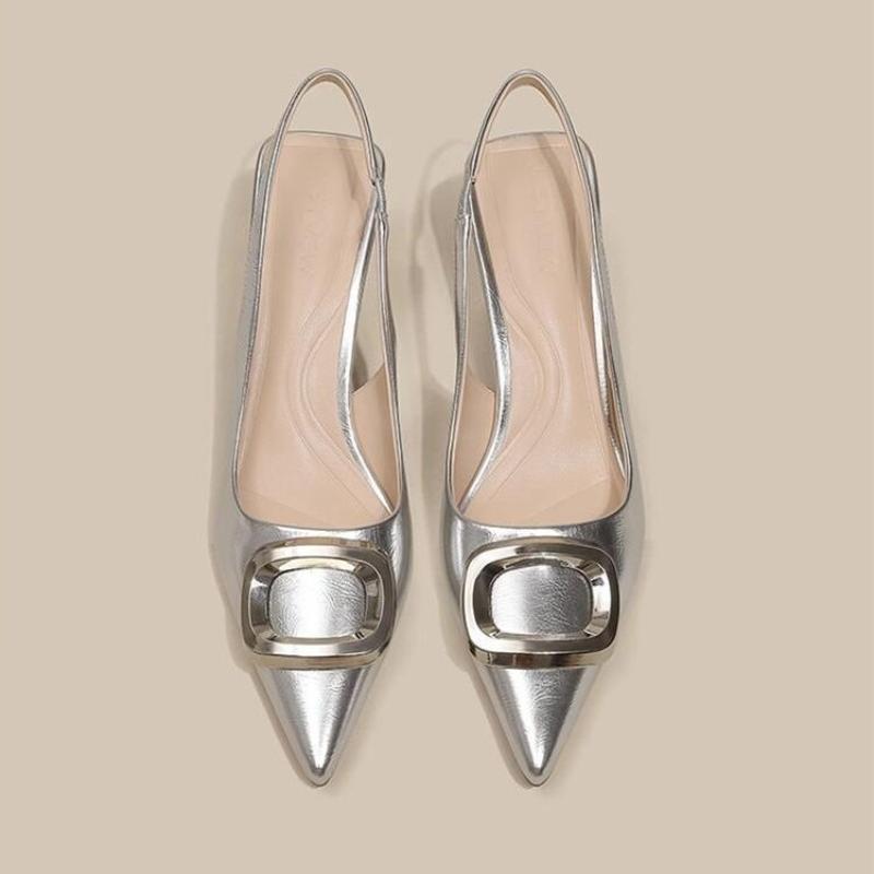 Fashion Women's Sandals Summer New High-heeled Pointed Metal Decorative Baotou Slip-up Slippers Fashion Temperament