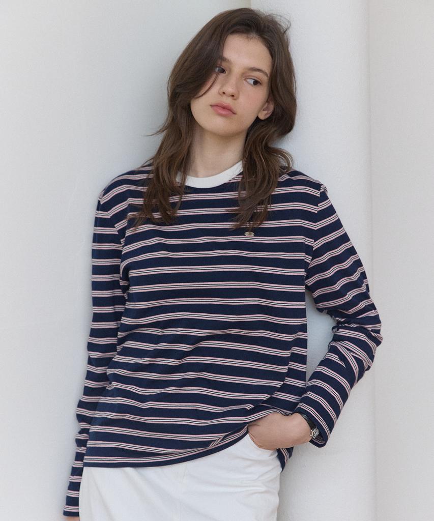 OURHOPE Multi-Stripe Logo Sleeve T-Shirt - Navy
