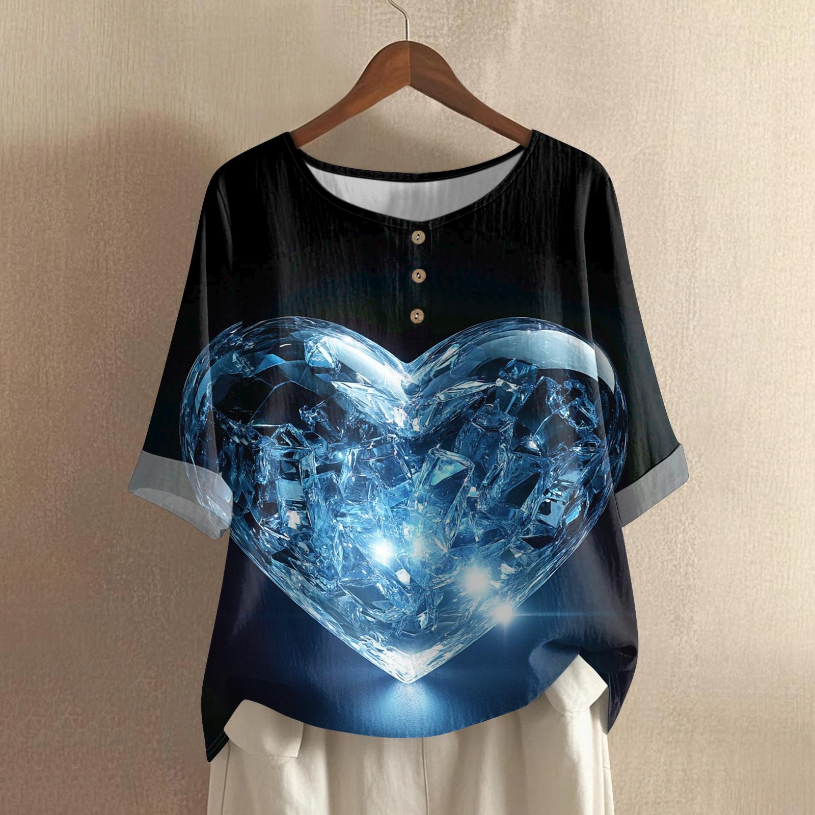 

Women s Valentine s Day Printed Casual Mid Sleeved Round Neck Cotton And Linen Top L Темно-синій