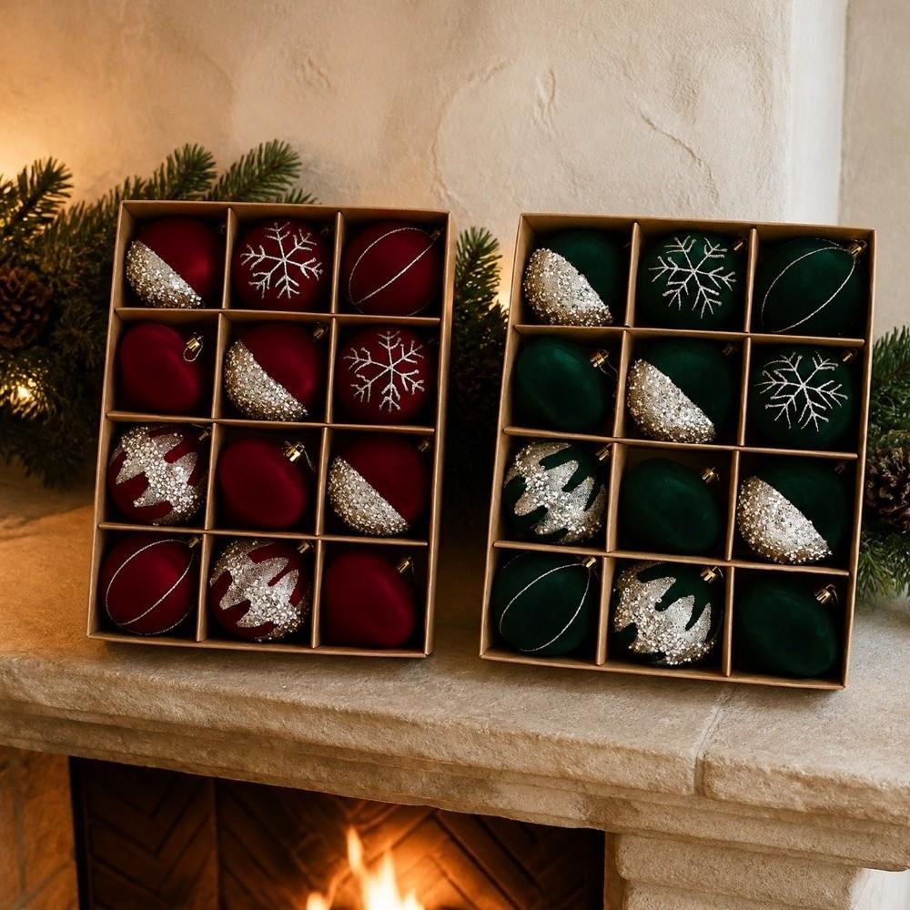 12Pcs Glitter Christmas Baubles Ornament Plastic Flocked Ball Gift Box New Year